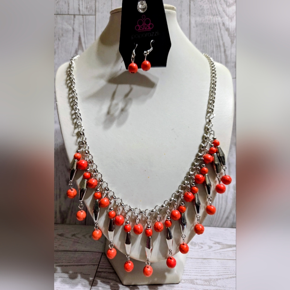 paparazzi Coral Fringe Beaded Necklace and Earrings
